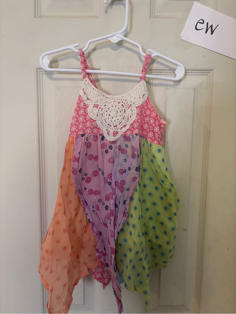 Mimi & Maggie Pink Crochet Yoke Multicolor Handkerchief-Hem Dress